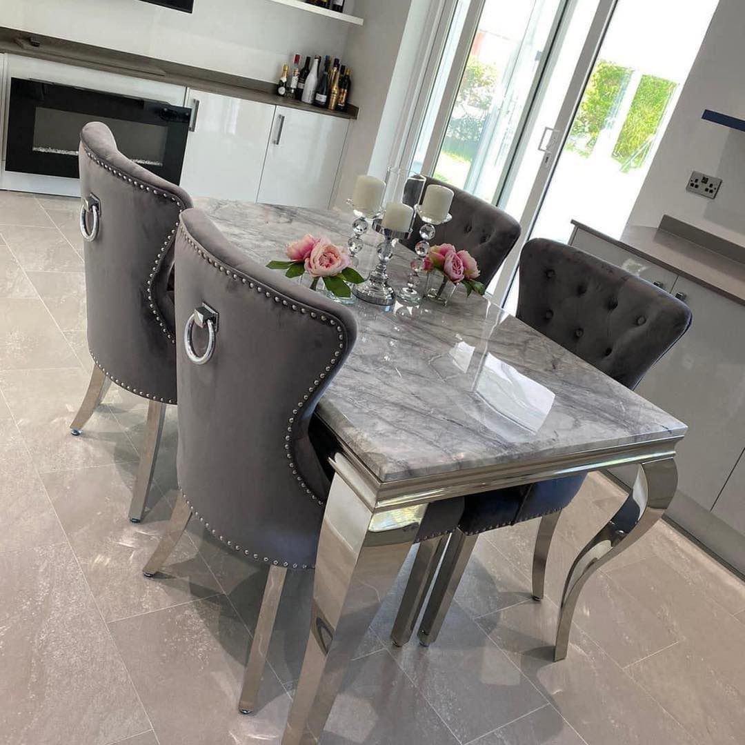 1.8 Grey Louis Marble 4 Dark Grey Ring Knocker Chairs - Mirror4you